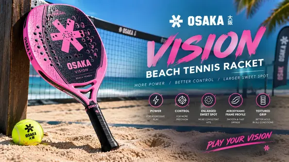 Osaka Vision beach tennis racket on a beach tennis court