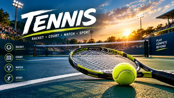 Tennis racket and ball on a professional tennis court at sunset