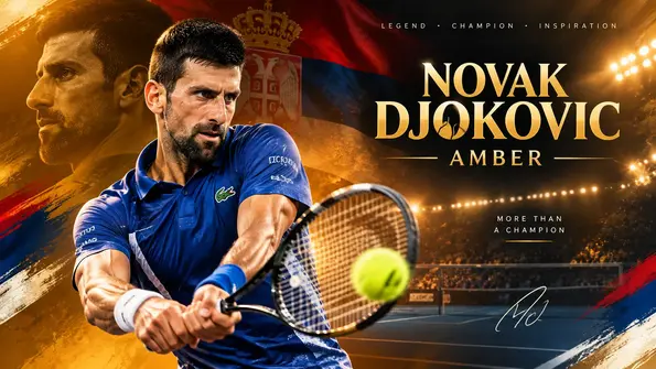 Novak Djokovic in an amber and gold themed tennis feature image