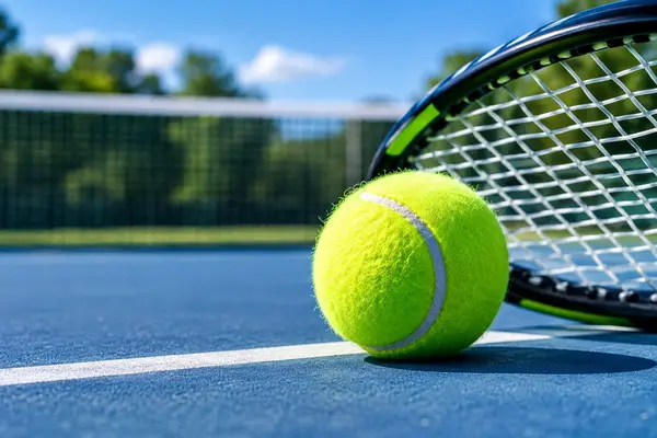 Tennis ball on a blue tennis court