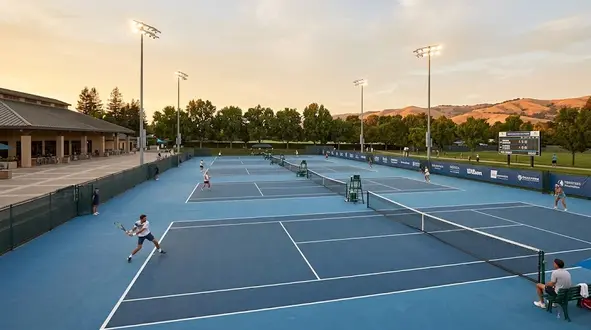 Professional tennis players competing in a high-intensity match on a professional court.
