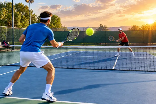 Blue tennis court with net at sunset