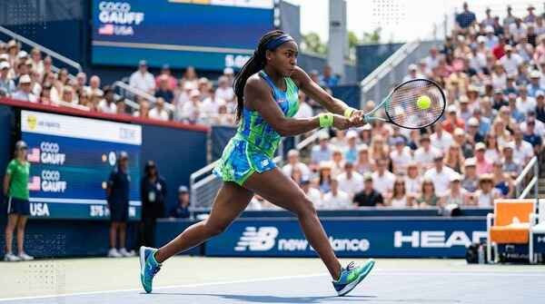 American tennis star Coco Gauff stretching for a two-handed backhand return during a high-stakes match.
