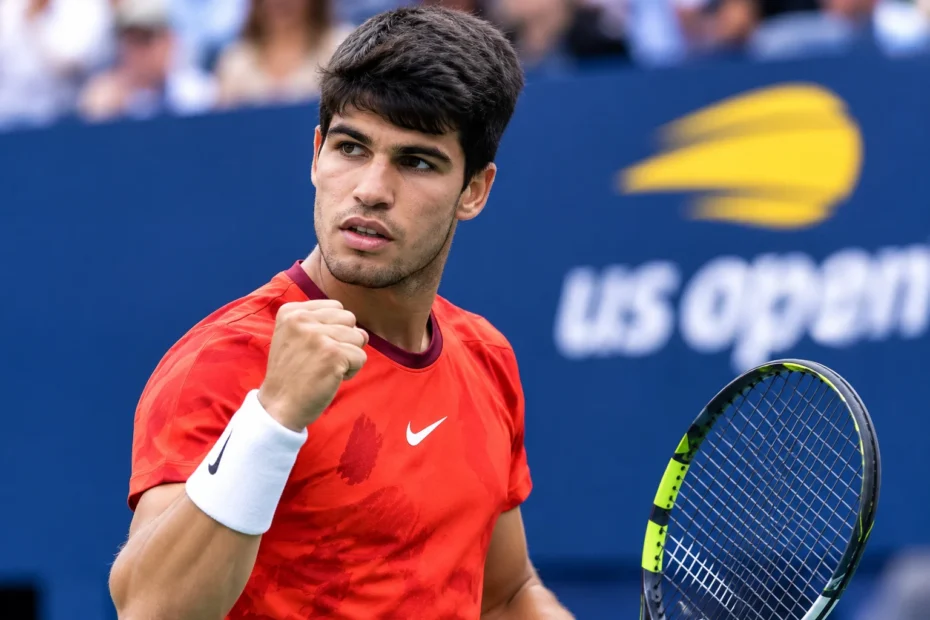 Carlos Alcaraz holding a tennis racket on court