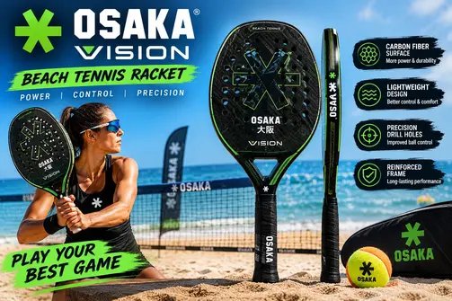 Osaka Vision beach tennis racket on a beach tennis court