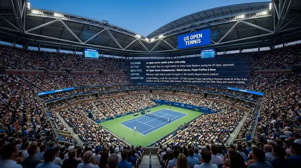 High-angle view of a tennis match under the lights inside Arthur Ashe Stadium during the US Open.