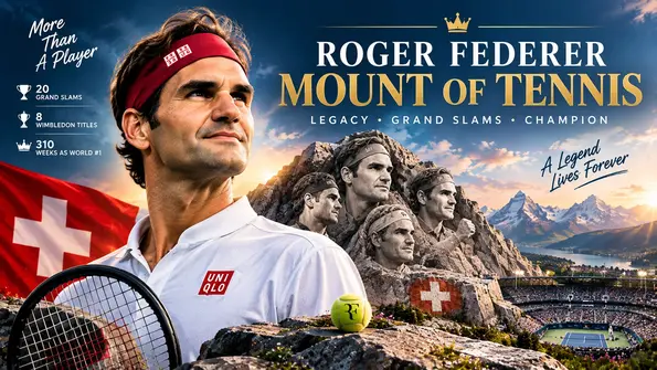 Roger Federer Mount tribute featuring the Swiss tennis legend, Grand Slam trophies and alpine-inspired tennis imagery