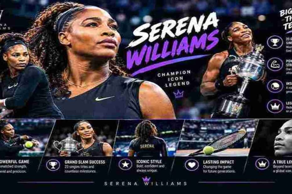 Serena Williams tennis champion holding a trophy with tennis action scenes