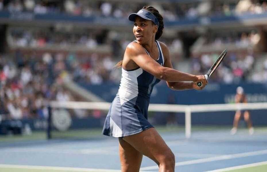 Dynamic action photo of tennis legend Venus Williams playing a powerful shot on the court during a professional match.