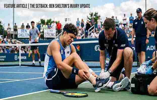 Ben Shelton sitting on court receiving medical trainer assistance during match injury timeout