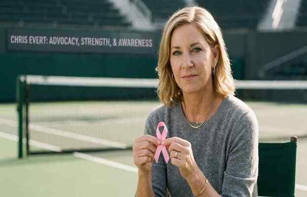 Conceptual domestic portrait of Chris Evert looking resolute on a quiet tennis court holding a symbolic pink ribbon, visualizing strength, health awareness, and advocacy regarding the 'Chris Evert cancer' search query.[cite: image_15.png]
